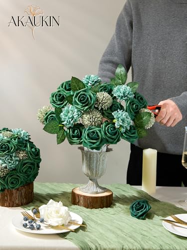 Artificial Flowers Combo Set Blue Green Dahlia Roses DIY Wedding Decor | Silk artificial flowers arrangement set for home decor crafts reusable party bouquets DIY wedding table and event decorations - color: Blue Green, size: The Minimalist