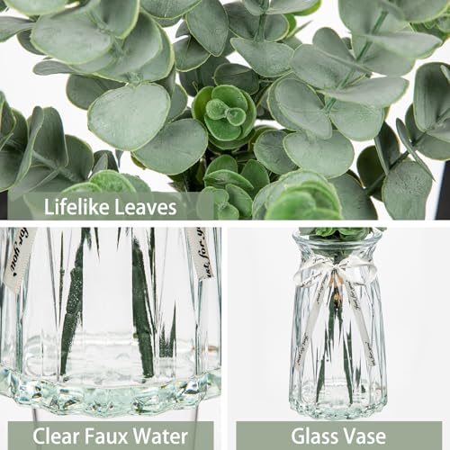 Hollyone Artificial Eucalyptus Stems in Glass Vase with Faux Water, 20.4" Fake Plant Eucalyptus Leaves Faux Greenery Branches for Home Office Farmhouse Bathroom Wedding Centerpiece Decor - color: Green #7