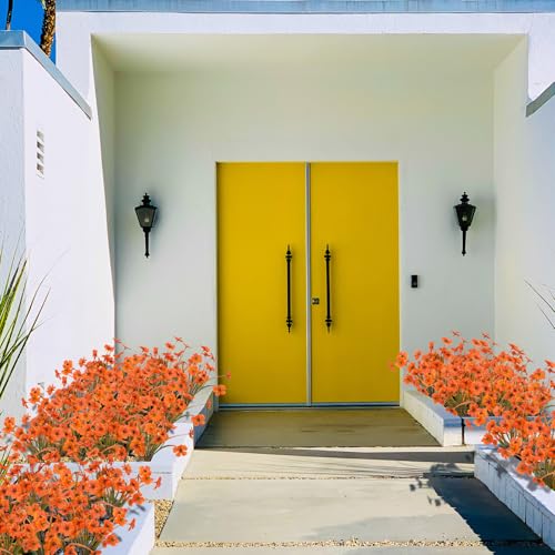 LikSoor 21 Bundles Artificial Outdoor UV Resistant Flowers No Fade Fake Outside Flowers Plastic Greenery Faux Shrubs Garden Porch Window Box Home Decoration(Light Autumn Orange) - color: Light Autumn Orange