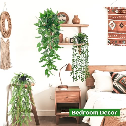 Der Rose 4Pcs Fake Plants Hanging Artificial Ivy Vine Faux Eucalyptus Hanging Plants, Boston Fern, String of Pearls for Living Room Aesthetic Bedroom Boho Kitchen Wall Shelf Indoor Outdoor Decor - color: Black Pot