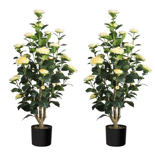 Romantic Season 2Pack Artificial Camellia Tree, 3FT Yellow Faux Camellia Plant for Modern Home, Office & Living Room Floor Decor - color: Yellow, size: 3FT