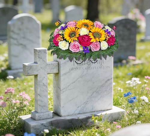 Artificial Cemetery Flowers Saddle and Headstone Flower Saddle -Pink Roses Sunflower Hibiscus Mix Bouquet, Sympathy & Memorial Flower