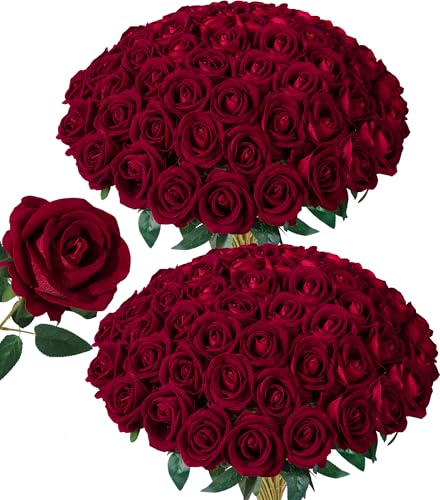 50 PCS Burgundy Roses Artificial Flowers, Fake Roses with Stem Realistic Silk Roses for DIY Wedding Bouquets Table Centerpieces Arrangements Baby Shower Birthday Home Decor Valentines Day Gift for Her - color: Burgundy