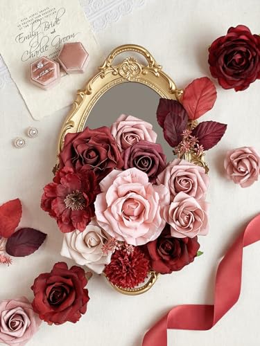 FACINOC Rose Artificial Flowers Burgundy Fake Flower Bulk for DIY Wedding Bouquets Bridal Baby Shower Centerpiece Table Decorations Silk Faux Floral Arrangements for Party Home Decor Indoor Red Mauve - color: Burgundy, Dusty, Mauve