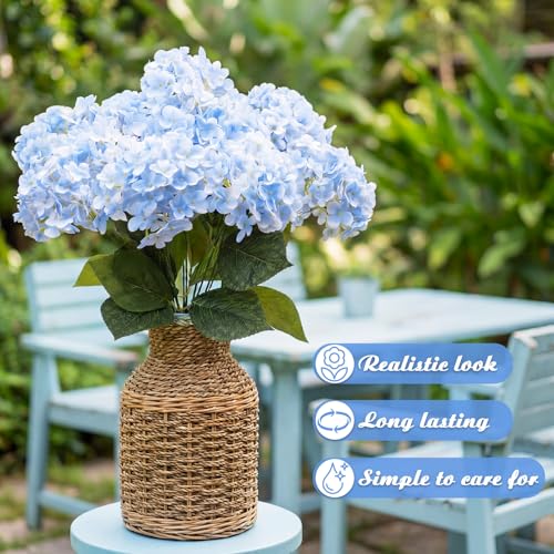Hotop Hydrangea Artificial Flower Bush for Outdoor 19.6inch Large Silk Hydrangea 5 Heads Realistic UV Resistant Fake Flower for Porch Bouquet Window Box Wedding Indoor(2 Pcs,Blue) - color: Blue