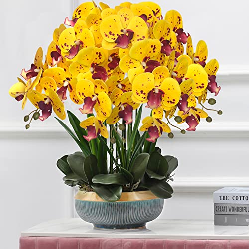 FagusHome 32 Inch Artificial Phalaenopsis Flowers 6 Pcs Artificial Orchid Flowers Stem Plants for Home Décor (Yellow Piebald) - color: Yellow Piebald