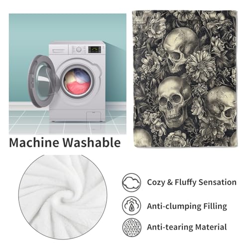 Gothic Garden Skull Fleece Blanket Gifts, Dark Floral and Skeleton Design, Soft Throw 40x50 inches, Elegant Home Halloween Decor - Black and White - color: Color445, size: 40"x50"