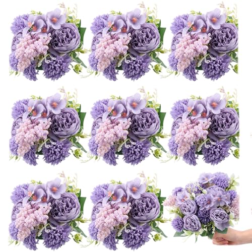 Zeyune 8 Pcs 13.4 Inch Artificial Flowers Bouquet Fake Silk Flowers Faux Bouquet Hydrangea Bouquets for Wedding Birthday Table Centerpieces Home Office Decoration (Peony,Purple) - color: Purple, size: Peony