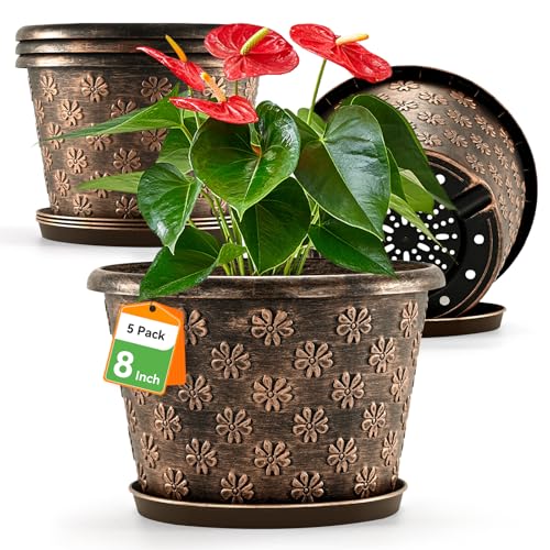 8 Inch Planter Pots for Plants, Plastic Flower Pots Indoor Outdoor, 5 Pack Resin Plant Pot with Drainage & Saucer, Retro Decorative Garden Pot with Removable Trays for House - color: 8 Inch