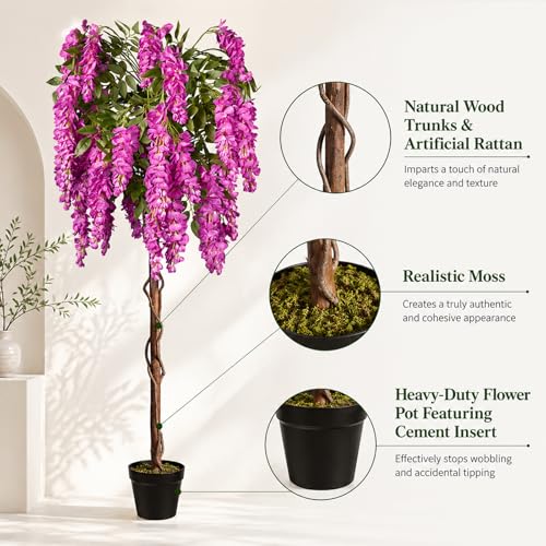 5ft Artificial Wisteria Tree, Fake Tree with Firmly Attached Blooms for Less Shedding, Faux Trees Indoor Outdoor Home Office Living Room Decor, Potted Floor Plant - color: Wisteria Tree Purple