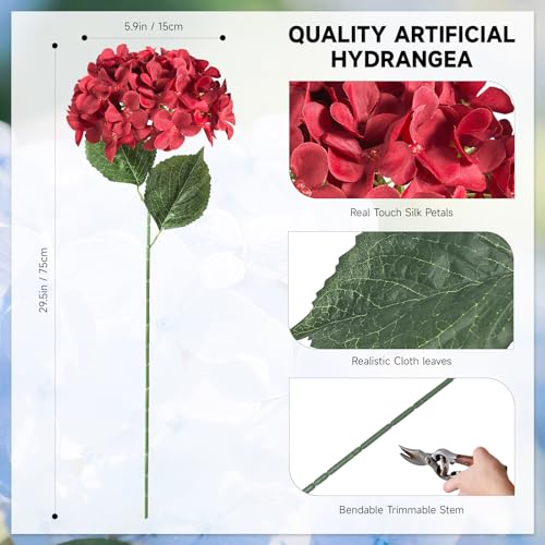 6 PCS Artificial Hydrangea Flowers, Faux Silk Hydrangea with Long Stems, Home Wedding Decor, Table Centerpieces, Party Decorations (Brilliant Red) - color: Brilliant Red
