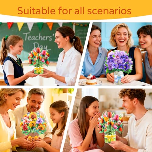 Pop Up Flower Cards 3 Pack — 3D Floral Bouquet Pop Up Cards for Mom - Mothers Day Card, Birthday Card for Women, Get Well Card with Envelope - Tulip Sunflower Violet Paper Flower Bouquets - style: Tulip Sunflower Violet