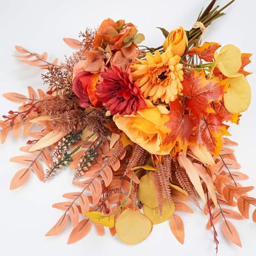 Artificial Fall Flowers Bouquets, 21.6” Autumn Fake Silk Orange Flowers Wedding Bouquets with Fall Florals Stems for Bridal Bridesmaid, Rustic Home Thanksgiving Table Centerpiece Decor - size: 1 Pcs