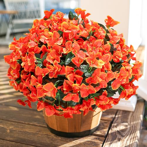 Artificial Flowers for Outdoors Spring Summer Porch Decor, 4 Bundles Fake Bougainvillea Realistic Silk Flowers for Outside UV Resistant Faux Outdoor Plants for Planters Patio Yard Balcony Home, Orange - color: Orange