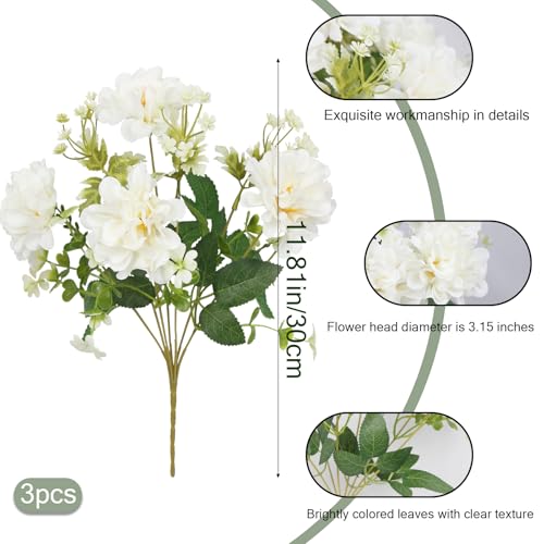 3 Pcs Silk Cemetery Flowers Artificial Geraniums for Outdoors UV Resistant White Artificial Topiary Potted Faux Flowers for Planters Outdoor Hanging Front Porch Garden Patio Grave Decor - color: White