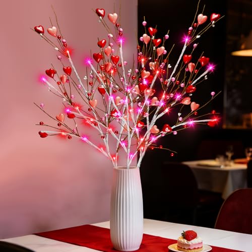 Agusbagli 3 Pack Valentines Day Decor 30in Lighted Valentine’s Day Picks with 60LED Pink Lights Artificial Red Heart Berry Flower Stems Timer Battery Operated Valentines Day Decorations for Home