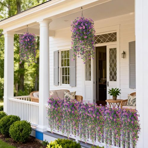 Artificial Hanging Flowers for Outdoors, 2 Pcs Fake Hanging Plant Spring Summer Decor, UV Resistant No Fade Realistic Faux Flower for Front Door Porch Planter Patio Garden Yard(Double Purple) - color: Double Purple