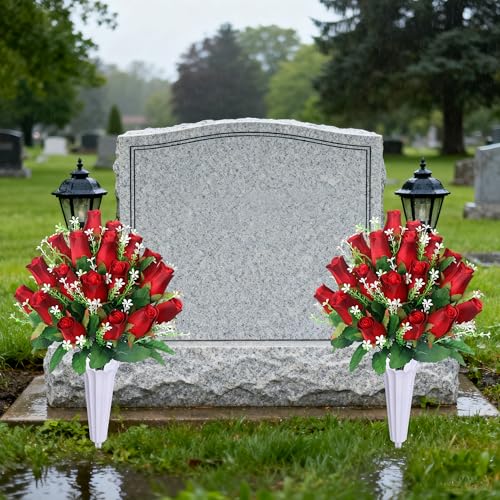 Artificial Cemetery Flowers for Grave,2Pack Memorial Roses Bouquets with Vase for Grave Tombstone Decorations (Red) - color: Red