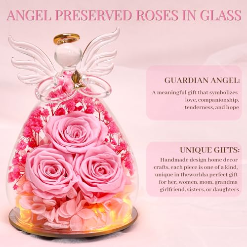 Beferr Gifts for Mom Birthday Gifts for Women, Fresh Flowers for Delivery Forever Preserved Rose in Glass Angel Figurine, Anniversary Christian Real Rose for Grandma Wife Mother from Daughter Son - color: B Light Pink