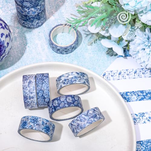 FYSUIMU 12 Rolls Blue Floral Washi Tape Chinoiserie Flower Bird Decorative Masking Tape Set Blue White Toile Wrapping Paper Tapes for Scrapbook Journal DIY Art Crafts - style: Blue Floral