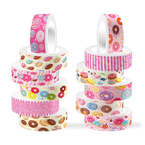12 Rolls Donut Washi Tape Set, Candy Donuts Stars Decorative Masking Tapes, Cartoon Craft Pattern Adhesive Tapes for DIY Art Crafts Scrapbook Journal Planners Supplies Gift Wrapping 16.4Ft - color: B
