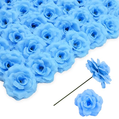 Rose Artificial Flowers, 50Pcs White Roses Head Flowers Bulk with Stem, 3 Inches Silk Rose Fake Flower Head for Wedding Party Home Decor DIY Baby Shower Centerpieces Tables Decoration (Light Blue) - color: Light Blue