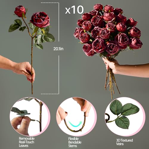 20pcs Artificial Roses Garden Style Silk Fake Rose Flowers Loose Natural Floral Bouquet Decorations for Valentine Wedding Anniversary Arrangement (Burgundy) - color: Burgundy