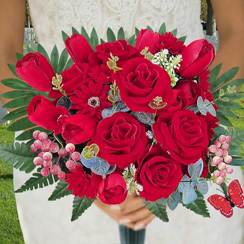 Silk Cemetery Flowers for Grave with Vase, Artificial Grave Flower for Cemetery Vase, Memorial Day Flowers for Headstones:Red Rose,Tulip,Look Real,No Fading