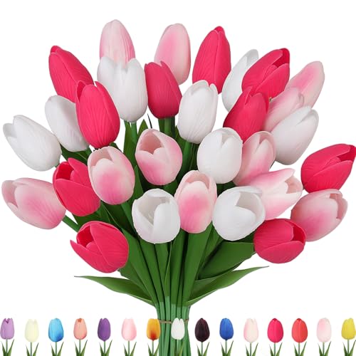 Artificial Tulips Flowers Fake Latex Tulip Stems - 30pcs Real Touch Faux Multicolor Tulips Flower for Easter Spring Wedding Bouquet Centerpiece Floral Arrangement Cemetery Table Decor - color: White,pink,rosy 01