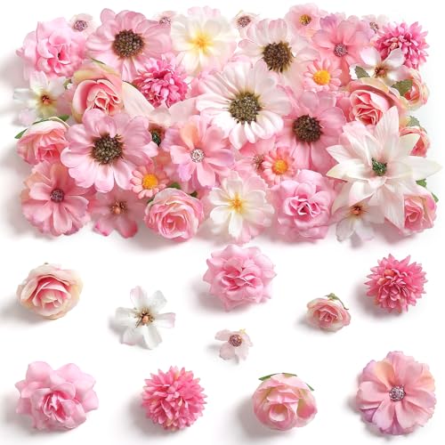 rongflower Mini Artificial Flowers for Crafts, 45 Pcs Pink White Silk Fake Flowers Assorted Faux Roses Peonies Daisies Bulk for Wedding Decor Graduation Cap Cake Topper Home DIY - color: Pink White