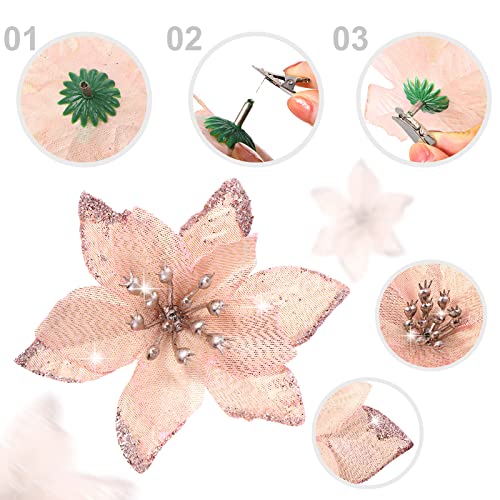 Geosar 100 Pcs 3 Size Christmas Poinsettia Flowers with Clips Glitter Artificial Flowers Small Christmas Tree Ornaments Faux for Xmas Party DIY Craft Wreath Garland New Year, 3/4/6 Inches(Rose Gold) - color: Rose Gold