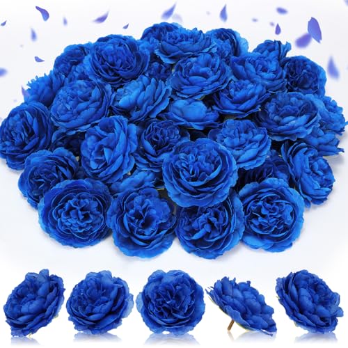 Thiccywoov 50 Pcs Artificial Flowers, 3.2 Inches Silk Rose Head Flowers Fake No Stem for Wedding Bridal Bouquet Home Floral Decor DIY Centerpieces Arrangements Party Tables Decoration(Blue) - color: Blue