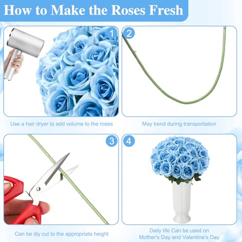 150 Pcs Roses Artificial Flowers, Silk Light Sky Blue Artificial Flowers Petals Long Stem Roses for Wedding Bouquet Home Party Decor - color: Light Sky Blue