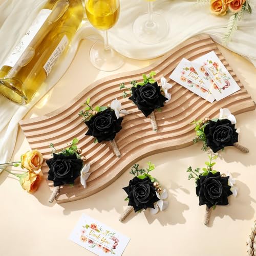 Sherr 20 Pcs Black Rose Wrist Corsage and Boutonnier Set Wedding Flower Corsage Wristlet Band Bracelet Bridegroom Men's Boutonniere Wristlet Hand Flower for Wedding Bouquets Supplies - color: Black