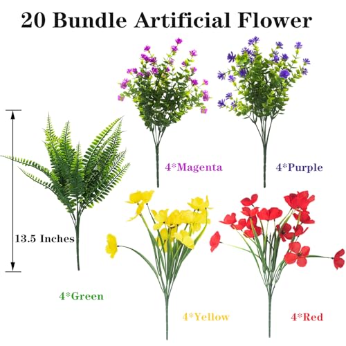 AITISOR 20 Packs Artificial Flowers Outdoor, Faux Plants UV Resistant Plastic Greenery for Hanging Planter Porch Window Home Wedding Spring Summer Decor