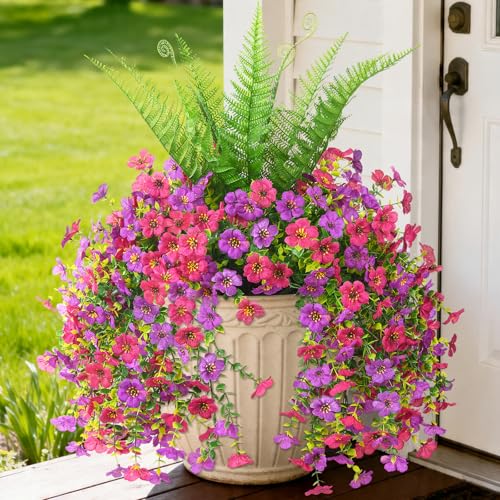 ZFProcess Artificial Fake Hanging Flowers for Outdoors, Silk Daisy with Articial Boston Ferns Plants Set, Realistic Spring Fake Outdoor Flowers UV Resistant Porch Patio Yard Decor - color: Light Purple Red Daisy With Fern
