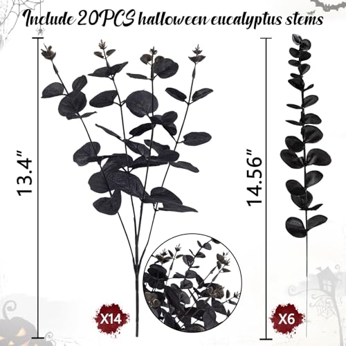 Yen Jean 20PCS Black Halloween Decor Artificial Flowers Bulk - Eucalyptus Stems Branches Decorations for Table Indoor Centerpieces Party Supplies - style: Black