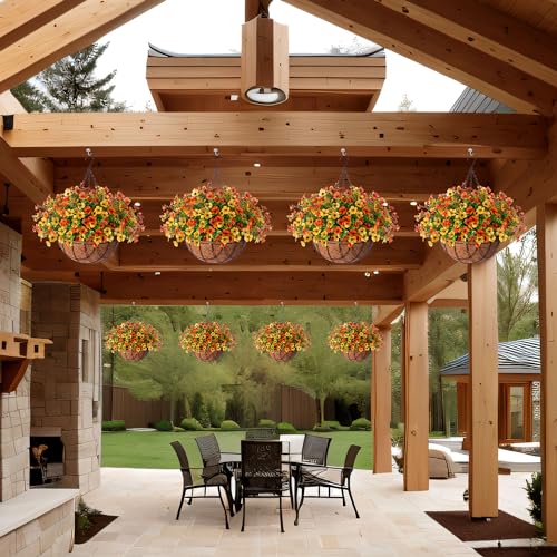 Fake Mums Artificial Fall Flowers with Hanging Baskets Outdoors for Decoration Faux mums for outdoor planters Daisy Flower with Eucalyptus Leaves for Porch Home Patio Balcony and Yard Autumn Decor - color: Yellow Orange