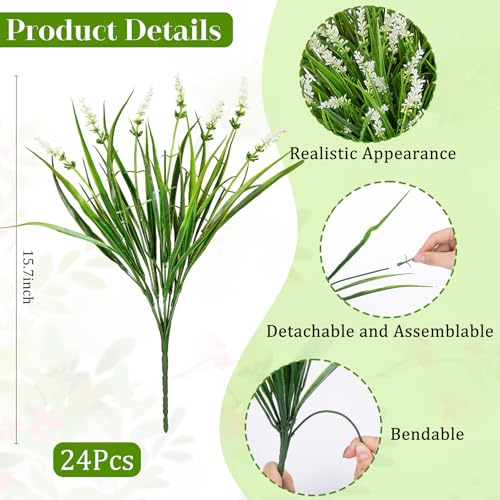 24 Bundles Artificial Plants Flowers Outdoor, Faux Lavender Flowers Fake Monkey Grass UV Resistant Plastic Plant for Porch Garden Patio Window Home Decor, White - color: White