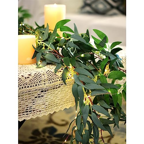 FiveSeasonStuff 2 Mix Greenery Garlands with 33 ft USB String Lights, Bendable Willow & Eucalyptus Vine for Wedding Backdrops, Fireplace Mantels and Party Decor - color: Willow Garlands With String Lights