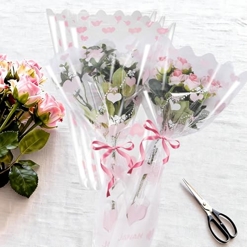 XABMU Pink Heart Flower Bouquet Bags, 100 Pack Clear Floral Wrapping Sleeves, for Valentine's Day, Wedding, Mother’s Day Gifting & Florist Supplies - color: Clear-Pink Heart, size: 1 count (Pack of 100)