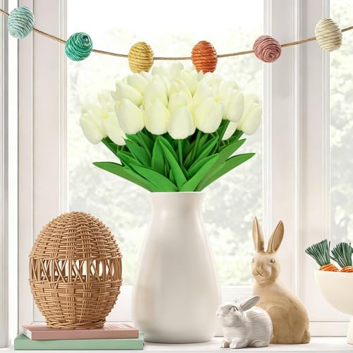 28pcs Cream Flowers Artificial Tulip Stems Real Feel PU Tulips for Easter Spring Wreath Wedding Bouquet Centerpiece Floral Arrangement Cemetery Table Décor 13" Tall - color: Cream