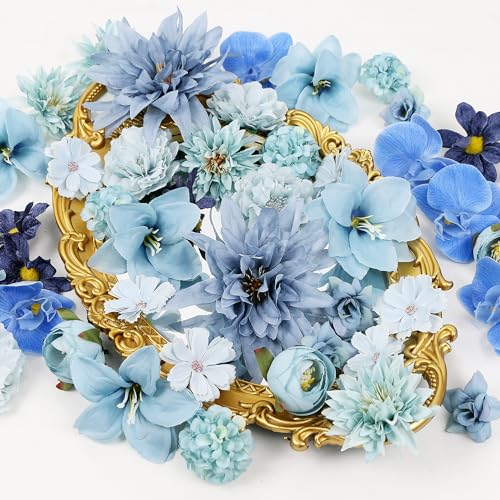 LACGO 48 PCS Fake Flowers Heads - Artificial Flower Heads Bulk Silk Faux Flower for Crafts Cake Blossom Wreath Garland Bouquets for Crafts Wedding Bridal Party Baby Shower Home Decoration(Blue) - color: Blue
