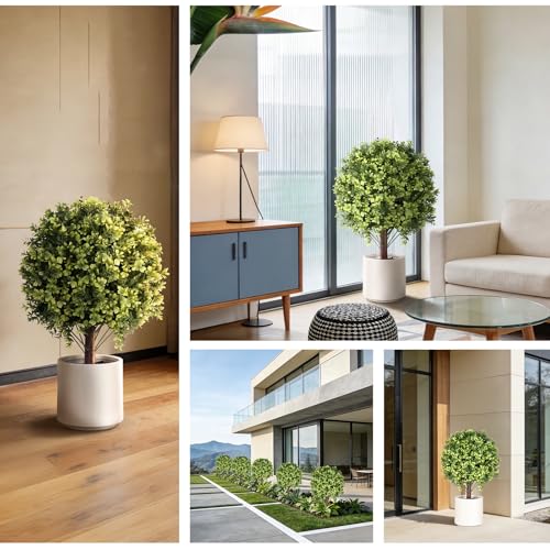2 Pack 26 Inch Artificial Boxwood Topiary Ball Trees with Ground Spikes, UV Resistant Fake Outdoor Plants for Front Door Porch Patio Garden, Faux Boxwood Shrubs for Entryway Home Decor - color: Boxwood Topiary Ball Trees Bright Green 26