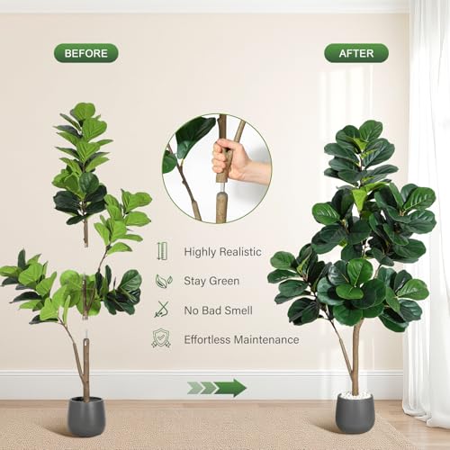 5 ft Fiddle Leaf Fig Tree Artificial with 77 Leaves - Realistic Faux Ficus Lyrata Trees in 7.8 in Grey Planter Pot, Indoor Fake Floor Plants for Home Office Living Room Decor, Housewarming Gift - color: With Black Planter, size: 5ft