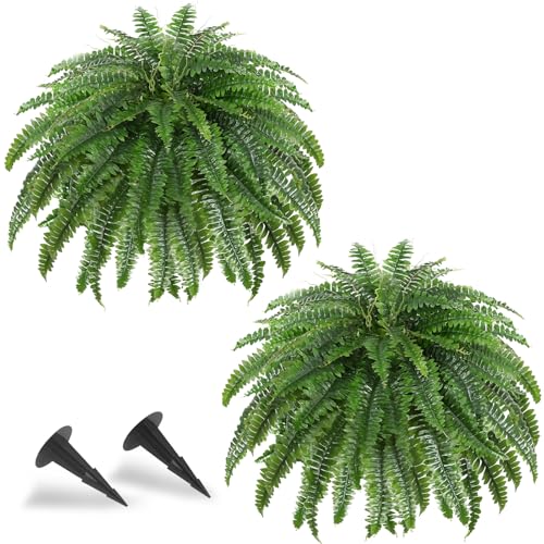2 PCS Artificial Ferns for Outdoors, 50" Fake Ferns Artificial Plants Large Realistic Boston Ferns Artificial Plants Outdoor with 96 Fronds & Ground Spike for Porch Garden Home Office Decor - size: 2 Pack