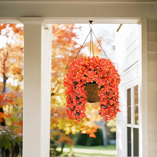 Faux Bougainvillea Artificial Fall Flowers for Outdoors, 2 Pcs Fake Fall Flowers Artificial for Decoration, Artificial Hanging Flowers UV Resistant Silk Flowers for Outside Planter Porch Patio
