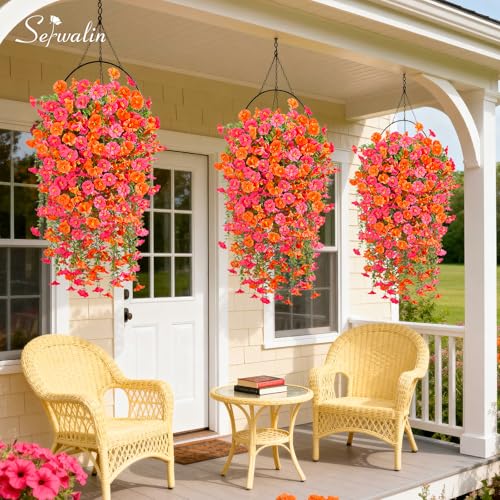 Serwalin Artificial Hanging Flowers for Outdoors Faux Plants, 4PCS Faux Morning Glory Fake Outdoor Flowers UV Resistant Realistic Silk Flower for Outside Planter Front Door Porch Patio Yard Decor - color: Orange& Hot Pink