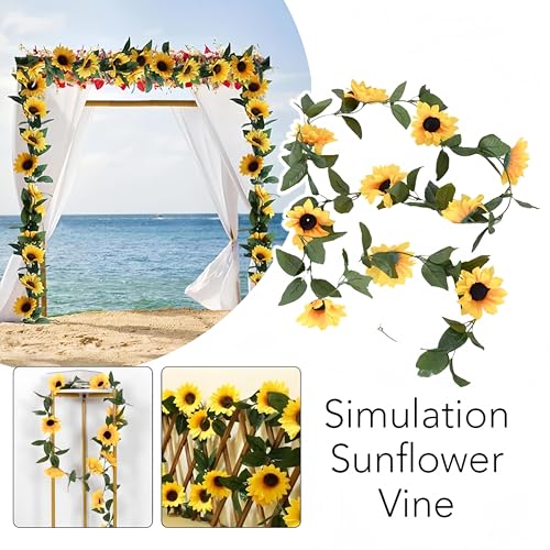3 Pack Artificial Sunflower Garland Decor,7.5ft Artificial Sunflower Garland Hanging Sunflower Vines with Green Leaves