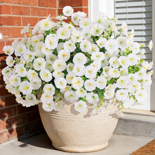 ADXORA 12 Bundles Morning Glory Artificial Flowers for Outdoor Decoration UV Resistant Fake Plastic Plants Artificial Greenery for Indoor Outdoor Garden Patio Window Box Home Decor - color: White